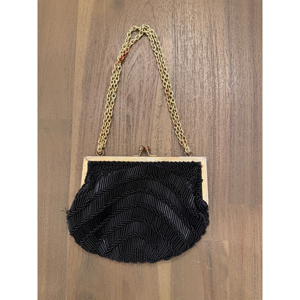 Vintage Walborg Black Beaded Evening Bag Hand Beaded Macau Gold Chain‎ Kiss Lock